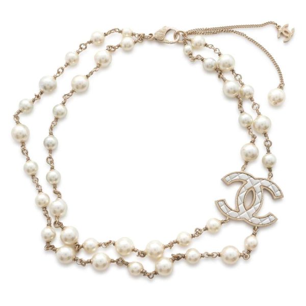 CHANEL CC Logo Long Necklace Champagne Gold Metal Faux Pearl For Cheap