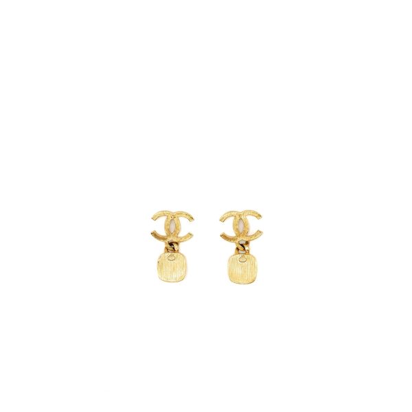 Chanel CC Logo Square Pearl Drop Earrings Gold Tone Fashion