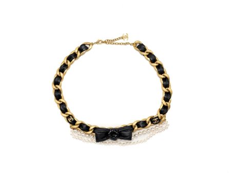 Chanel black bow fancy chain leather belt with pearl leather Gold tone For Discount