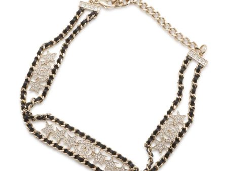 CHANEL CC Logo Star Rhinestone Choker Necklace Champagne Gold Black AB9808 B09817 Metal Rhinestone Leather Sale