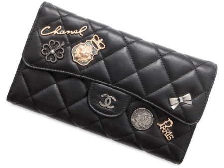 CHANEL Matelasse IconBag Charm Long Wallet Black Lambskin For Discount