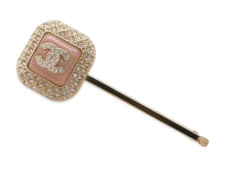 CHANEL CC Logo Rhinestone Hairpin Champagne Gold Pink Metal Rhinestone For Sale