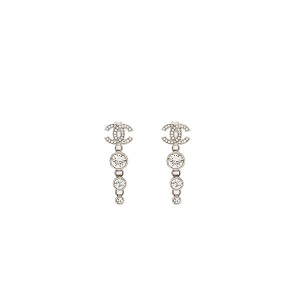 Chanel CC Logo Crystal Drop Earring Silver Tone Online now