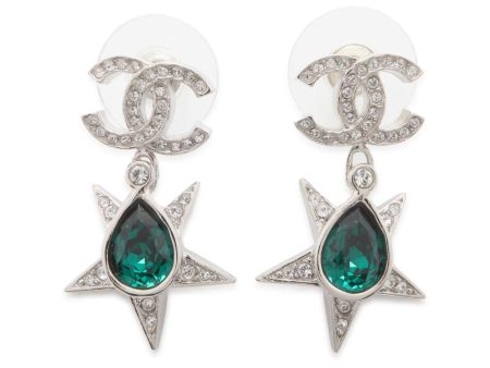 CHANEL CC Logo Star Earrings Silver Green ABA382 Rhinestone Metal For Sale