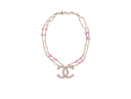 Chanel 19C Pearl Crystal Necklace CC Logo Drop Pink Silver Tone Supply