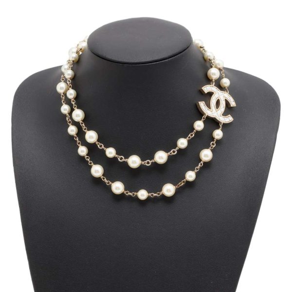 CHANEL CC Logo Long Necklace Champagne Gold Metal Faux Pearl For Cheap